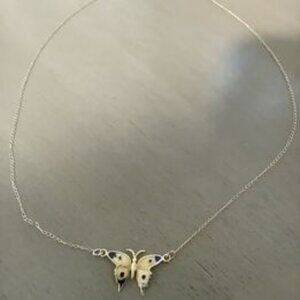 Beautiful Solid 14k Yellow Gold  Blue/Yellow Enamel Butterfly Necklace